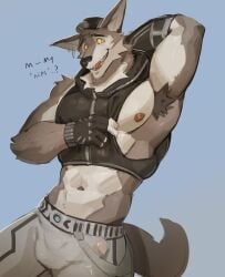 2024 abs absurd_res anthro areola armpit_hair belt blue_background body_hair bottomwear bulge canid canine canis clothed clothing clothing_pull crop_top detailed_bulge ear_piercing ear_ring english_text epic_games erection erection_under_clothing eyebrows fortnite fur genital_outline hand_behind_head hat headgear headwear hi_res looking_at_viewer male male_only mammal muscular muscular_anthro muscular_male navel nipple_slip nipples pants pecs penis_outline piercing ring_piercing shirt simple_background smile solo standing talking_to_viewer text topwear tuft vest vinstacc wendell_(fortnite) wolf