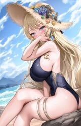 1girls 2024 2d 2d_(artwork) alternate_costume beach big_breasts blonde_hair blue_eyes blush clouds crossed_legs day female female_focus female_only flower_in_hat flowers genshin_impact hat high_resolution highres hourglass_figure huge_breasts light-skinned_female light_skin long_hair looking_at_viewer lunacle mountains navia_(genshin_impact) ocean one-piece_swimsuit outdoors rock side_view sideboob sitting sitting_on_rock sky solo solo_female solo_focus summer summer_hat swimsuit water young younger_female