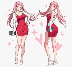 1girls ass ass_in_dress big_ass breasts contemporary cropped_jacket dress earrings female female_only fire_emblem fire_emblem:_three_houses full_body grin hand_on_own_hip heart high_heels hilda_valentine_goneril jacket jewelry large_breasts long_hair looking_at_viewer multiple_views nintendo open_mouth pearl_earrings pink_eyes pink_hair pink_nails red_dress short_dress side_slit simple_background smile thighs twintails white_footwear white_jacket women's_wallet zedoraart