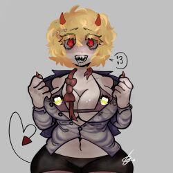 1boy 1girls big_breasts blonde_hair blush damien_thorn female hell_park male pale_skin pink_bra pip_pirrip red_eyes red_nails