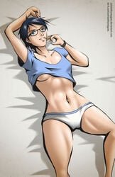 bed blue_hair breasts female female_only glasses grey_eyes lips looking_at_viewer lying on_back on_bed original short_hair small_breasts smile solo tagme unhealthyveggies