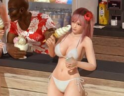 3d bar big_breasts breasts busty dark-skinned_male dark_skin dead_or_alive dead_or_alive_xtreme_beach_volleyball female female_focus honoka_(doa) hourglass_figure light-skinned_female light_skin male radianteld sunglasses tagme topless wide_hips zack_(dead_or_alive)