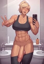 1futa abs ai_generated athletic athletic_futanari balls big_breasts big_penis blonde_hair breasts dark_skin dickgirl erect_penis erection futa_only futanari holding_phone just_a_silly_goose large_breasts looking_at_viewer medium_hair mirror mirror_selfie muscular muscular_futanari navel pants pants_down partially_nude peace_sign penis phone ponytail seductive seductive_smile selfie smile solo solo_futa sports_bra standing sweat tan tan_body tanned testicles toned yellow_eyes