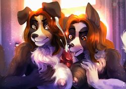 2019 5_fingers anthro anthro_on_anthro areola black_nose breasts brown_eyes brown_hair canid canine canis cara_(juracollie) cum cumshot daughter detailed_background domestic_dog ejaculation eri-yo faceless_male female hair incest jura_(juracollie) male mammal mother mother_and_daughter nipples orgasm outercourse paizuri parent penis sex straight young