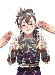 3boys black_eyes brown_hair bukkake cum cum_on_arm cum_on_body cum_on_face cum_on_hair cum_on_hand cum_on_shoulder double_v fire_emblem fire_emblem_fates heart-shaped_pupils hinata_(fire_emblem) keihh male male_only nintendo penis solo_focus uncensored v yaoi