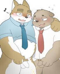 2016 anthro balls belly black_nose blush brown_fur canid canine canis closed_eyes clothing domestic_dog duo flaccid fur hug humanoid_hands humanoid_penis male mammal navel necktie och5 overweight overweight_male peeing penis shirt simple_background topwear urine yaoi