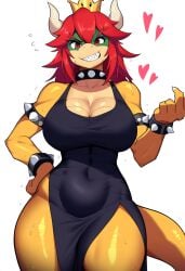 ai_generated black_dress bowser bowsette crown evil_grin female_bowser koopa_humanoid mario_(series) new_super_mario_bros._u_deluxe red_hair reptile super_crown