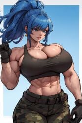 1girls abs ai_generated bangs belt biceps blue_hair broad_shoulders bulky bursting_breasts busty_buff camo camo_pants camo_print camouflage cleavage cleavage_overflow earrings female female_only gloves king_of_fighters leona_heidern looking_away midriff muscles muscular muscular_female navel parted_lips ponytail sideboob simple_background six_pack snk solo solo_female stable_diffusion tampopo tank_top toned toned_female triangle_earrings