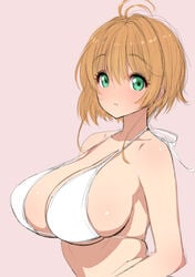 1girls aged_up ahoge alternate_breast_size bangs big_breasts bikini bikini_top blush blushing breasts brown_hair busty cardcaptor_sakura cleavage clothing eyebrows_visible_through_hair eyelashes female female_only fully_clothed green_eyes halterneck highres huge_breasts looking_at_viewer older parted_lips pink_background poin sakura_kinomoto sexually_suggestive short_hair sideboob solo swimsuit upper_body voluptuous white_bikini white_swimsuit