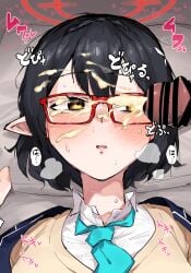 1boy ayane_(blue_archive) bar_censor black_hair blue_archive blush censored collared_shirt commentary_request cum cum_on_glasses cum_on_hair ejaculation erection facial female glasses halo heart highres looking_at_penis lying necktie on_back penis penis_awe pointy_ears red-framed_eyewear school_uniform shirt solo_focus straight sweat takutaku12364 upper_body yellow_eyes