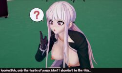 1girls 3d breasts danganronpa danganronpa:_trigger_happy_havoc danganronpa_1 english_text exposed_breasts female female_only human kirigiri_kyouko koikatsu large_breasts large_breasts_lesbian leon_(artist) pussy_juice solo text yuri