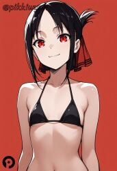 ai_generated bangs bare_shoulders bikini black_bikini black_hair breasts closed_mouth collarbone female folded_ponytail hair_ribbon kaguya-sama_wa_kokurasetai_~tensai-tachi_no_renai_zunousen~ looking_at_viewer navel parted_bangs pikkiwynn red_background red_eyes red_ribbon ribbon shinomiya_kaguya short_hair sidelocks simple_background small_breasts smile solo swimsuit upper_body wavy_mouth