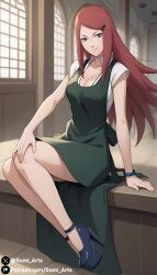 ai_generated apron blue_eyes cleavage dress gumi_arts high_heels indoors long_hair looking_at_viewer milf naruto naruto_(series) naruto_shippuden platform_heels red_hair sititng smile stable_diffusion uzumaki_kushina