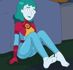 1girls aqua_hair barefoot blue_lips blue_skin bodysuit colored_skin dressed feet ferdafs foot_fetish light_blue_skin looking_at_viewer planetina rick_and_morty sitting smile soles