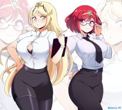 belt black_bra black_pants black_skirt blonde_hair bra bra_peek breasts button_down_shirt clipboard earrings glasses holding_clipboard jarckius large_breasts long_hair looking_at_viewer mythra necktie nintendo office_lady pants pantyhose pencil_skirt pyra red_eyes red_hair secretary shirt shirt_tucked_in short_hair skirt suit_and_tie tiara tie white_shirt xenoblade_(series) xenoblade_chronicles_2 yellow_eyes