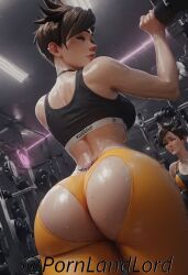 ai_generated ass big_ass big_breasts big_butt gym gym_uniform lena_oxton overwatch overwatch_2 pornlandlord pussy solo sweating tracer