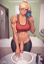 1futa abs ai_generated athletic athletic_futanari balls big_breasts big_penis blonde_hair breasts cum cumming dark_skin dickgirl ejaculation erect_penis erection futa_only futanari holding_phone just_a_silly_goose large_breasts looking_at_viewer medium_hair mirror mirror_selfie muscular muscular_futanari navel pants pants_down partially_nude peace_sign penis phone ponytail seductive seductive_smile selfie smile solo solo_futa sports_bra standing sweat tan tan_body tanned testicles toned yellow_eyes