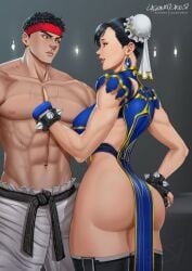 1boy 1girls absurd_res alternate_costume bandana bare_chest bare_shoulders bare_thighs black_belt black_hair capcom chun-li couple couple_(romantic) dat_ass ear_ring female hair_bun hair_ornament hi_res huge_ass human inviting lagunatorest light-skinned_female light-skinned_male light_skin looking_at_another male muscular muscular_male naughty_face official_alternate_costume partially_clothed qipao ryu_(street_fighter) seductive_look smiling standing staring street_fighter teasing voluptuous_female