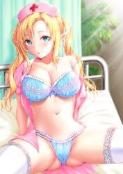 1girls ayase-mio bed blonde_hair blue_bra blue_eyes blue_lingerie blue_panties bra breasts curtain dress elf large_breasts lingerie looking_at_viewer midriff navel nurse nurse_cap nurse_uniform on_bed open_dress original panties pink_dress plant thighhighs twintails