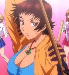 anime anime_screencap big_breasts black_gloves blue_tank_top brown_eyes brown_hair cleavage dark-skinned_female dark_skin female female_focus female_only gloves history's_strongest_disciple_kenichi jacket_open kugatachi_kaname looking_at_viewer necklace orange_jacket scar scar_on_face screencap screenshot short_hair small_image staff tank_top upper_body weapon