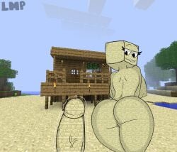 1boy 1girls ass_focus backboob big_ass big_breasts big_penis casual casual_nudity female huge_ass huge_breasts lordmasterpleb male minecraft minecraft_anthro_block minecraft_block nude oc penis sand sandmom_(lordmasterpleb) teasing