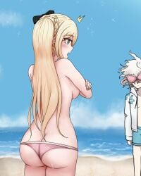 1boy 1girls 7-cs accidental_exposure ass behind_view bikini bikini_bottom bikini_malfunction bikini_top breasts covering_breasts danganronpa danganronpa_2:_goodbye_despair danganronpa_s:_ultimate_summer_camp female gon_(congchuabuoito) large_breasts male nagito_komaeda sonia_nevermind super_danganronpa_2 topless topless_female wardrobe_malfunction