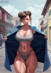 1girls 3boys abs averting_eyes blue_jacket breasts brown_eyes brown_hair chun-li closed_mouth clothes_writing collarbone copyright_name dated double_bun earrings elleciel.eud english_commentary exhibitionism female flashing grey_panties grey_sports_bra hair_bun highleg highleg_panties highres human jacket jewelry large_breasts multiple_boys navel open_clothes open_jacket open_mouth outdoors panties public_indecency road solo_focus sports_bra street street_fighter swept_bangs thick_thighs twitter_username underwear