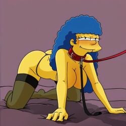 ai_generated blue_hair blush dog_collar dog_girl dog_leash doggy_style marge_simpson on_all_fours stable_diffusion stockings the_simpsons underwear yellow_body yellow_skin