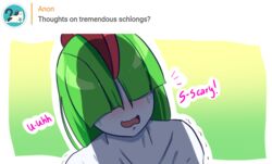 2018 ambiguous_gender anthro anthrofied ask_blog blush conditional_dnp dialogue english_text galaxyoron green_background green_hair hair hair_over_eyes humanoid nintendo open_mouth pokémon_(species) pokemon pokemon_rse ralts shadow shaking simple_background solo sweat text trembling video_games white_border white_skin