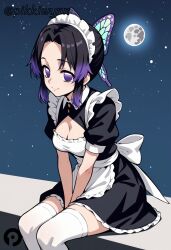 ai_generated alternate_costume apron bangs between_legs black_dress black_hair breasts butterfly_hair_ornament cleavage cleavage_cutout closed_mouth clothing_cutout demon_slayer dress enmaided feet_out_of_frame female frilled_dress frills full_moon gradient_hair hair_ornament hand_between_legs kimetsu_no_yaiba kochou_shinobu looking_at_viewer maid maid_apron maid_headdress medium_breasts moon multicolored_hair night night_sky no_pupils parted_bangs pikkiwynn puffy_short_sleeves puffy_sleeves purple_eyes purple_hair short_hair short_sleeves sidelocks sitting sky smile solo star_(sky) starry_sky thighhighs two-tone_hair white_apron white_thighhighs zettai_ryouiki