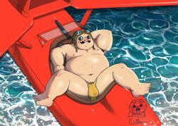 2023 aircraft airplane anthro aviator_cap belly big_belly bulge clothing detailed_background domestic_pig eyewear facial_hair feet hi_res kemono male male_focus male_only mammal marco_pagot moobs moustache navel nipples overweight overweight_male porco_rosso shibaxiao solo suid suina sunglasses sus_(pig) underwear vehicle water