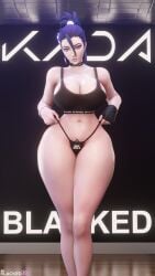 1girls 3d allblacked3d areolae big_breasts blacked blacked_clothing bra choker english_text female female_only fingerless_gloves fit fit_female hair_between_eyes hourglass_figure huge_breasts kai'sa large_breasts league_of_legends light-skinned_female light_skin looking_at_viewer ponytail pulling_panties purple_eyes purple_hair queen_of_spades shiny_skin solo spade_tattoo sports_bra sportswear standing text thick_thighs thong underwear underwear_only wide_hips