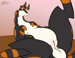 anthro anus ass belly big_butt black_body female feral feral_only generation_5_pokemon genitals hi_res lying nintendo on_back pokemon pokemon_(species) prate-dragon presenting presenting_pussy pussy raised_leg scolipede semi-anthro solo spread_legs spreading white_belly yellow_eyes