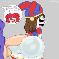 1futa 1girls 2d 2d_(artwork) back back_view blush blush_lines bottom_heavy bottomless breasts brown_hair buttjob clothed clothing duo erection female female_focus futa_on_female futanari hot_dogging huge_ass huge_balls huge_cock humanoid humanoid_penis imminent_rape jester light-skinned_futanari light_skin looking_back partially_clothed penis pomni_(the_amazing_digital_circus) purple_dress ragatha self_upload shocked size_difference small_breasts standing susielover12_(artist) text_bubble the_amazing_digital_circus white_skin