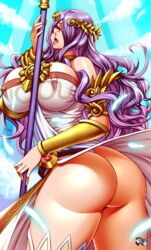 1girls alternate_costume ass breasts breasts_bigger_than_head bubble_butt camilla_(fire_emblem) cosplay covered_nipples crossover curvy dress erect_nipples erect_nipples_under_clothes feathers female female_only fire_emblem fire_emblem_fates headgear hourglass_figure huge_ass huge_breasts jadenkaiba kid_icarus moaning naughty_face nintendo nipples open_mouth palutena palutena_(cosplay) purple_eyes purple_hair seductive seductive_smile smile solo staff suggestive thick_thighs tiara tongue tongue_out voluptuous watermark wide_hips