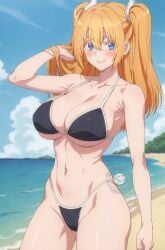 2.5_jigen_no_ririsa ai_generated amano_ririsa bare_legs beach big_breasts bikini bikini_top blue_eyes blush cosplay curvaceous curvy_female huge_breasts huge_thighs light-skinned_female light_skin liliel_(cosplay) lokokabooster69 looking_at_viewer massive_breasts orange_hair pick_up_a_pencil shounen_jump+ smiling solo_female squatting sweat sweatdrop thick_body thick_female thick_thighs twintails voluptuous voluptuous_female