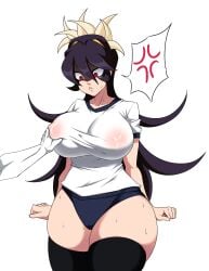 1girls angry big_breasts blush female filia_(skullgirls) nipples school_uniform skullgirls sportswear sweat thick_thighs tobyllitos