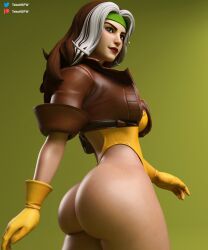 1girl ass big_ass breasts brown_eyes brown_gloves brown_hair clothing dyed_bangs female female_only fortnite gloves headband highleg highleg_leotard huge_ass large_ass leather leotard lips lipstick long_hair looking_at_viewer looking_back makeup marvel multicolored_hair rogue_(x-men) smile solo tekonsfw thick_thighs thighs thong_leotard two-tone_hair white_hair wide_hips x-men yellow_leotard