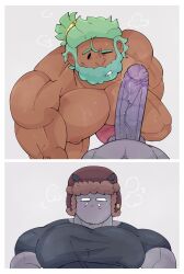 after_oral akson_(mtho) bara beard blush facial_hair gay green_hair huge_cock kneeling looking_at_partner mentholplug micah_(mtho) muscular muscular_male saliva_on_penis saliva_string sweat thick_penis vein yaoi