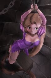 1girls absurdly_long_hair arms_tied blonde_hair bondage breasts brick_wall disney disney_princess dress dungeon green_eyes legs_tied long_hair looking_at_viewer purple_dress rapunzel rope rope_bondage sharpffffff small_breasts tangled torn_dress wooden_horse