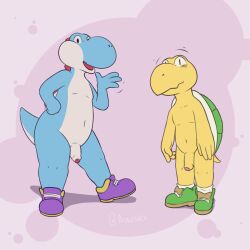 anthro boots boots_only clothing duo footwear footwear_only genitals green_koopa_troopa hi_res koopa koopa_troopa male male/male mario_(series) mostly_nude nintendo penis scalesack_(hex) scalie shell simple_background standing yoshi