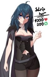 1girls absurdres black_shorts blue_eyes blue_hair breasts byleth_(female)_(fire_emblem) byleth_(fire_emblem) byleth_(fire_emblem)_(female) cleavage cloak clothing_cutout cowboy_shot female female_only fire_emblem fire_emblem:_three_houses highres looking_at_viewer medium_breasts meme navel navel_cutout nintendo pantyhose pantyhose_under_shorts short_shorts shorts simple_background solo teal_hair twitter_strip_game_(meme) white_background x_xith_x