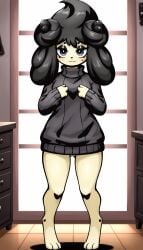 1girls 2024 ai_generated alcremie anthro barely_visible_pussy blushing bottomless bottomless_female chubby chubby_female digitigrade eyeshadow female female_only generation_8_pokemon goth goth_girl hi_res indoors innie_pussy nintendo pokemon pokemon_(species) pussy smile sweater