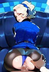 1boy 1girls ai_generated ass_focus ass_grab clothing cum_inside cutout dark-skinned_male female human looking_back male margaret_(persona) pale_skin panties_aside pantyhose penis persona persona_4 pov sex sex_from_behind thiccwithaq_(ai_style) tittyg-ai vaginal_penetration velvet_room white_hair