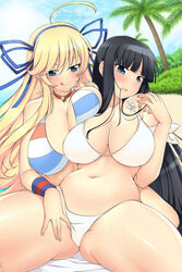 2girls beach big_breasts bikini black_hair blonde_hair blue_eyes breast_squish breasts cleavage clothing female female_only hair ikaruga_(senran_kagura) katsuragi_(senran_kagura) large_breasts_lesbian lesbians lindaroze long_hair multiple_girls palm_tree senran_kagura thick_thighs yuri