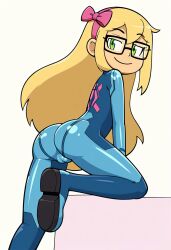 1girls 2020s 2024 ai_generated bing_image_creator blonde_hair blue_bodysuit blue_clothing blue_rubber bodysuit bow_ribbon cameltoe clothing devandrake99 eyebrows eyes female female_focus female_only glasses green_eyes hair hi_res human jpeg knee_on_table open_eyes polly_(devandrake99) pose presenting ribbon rubber rubber_clothing rubber_suit shiny_clothes smile smirk solo teasing tight_clothing white_background zero_suit