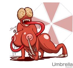 all_fours anthro big_ass big_breasts big_nipples chubby claws female female_only huge_breasts licker long_tongue mutant nipples no_eyes open_mouth pointy_teeth red_skin resident_evil resident_evil_2 saliva simple_background smile stranga thick_thighs umbrella_corporation zombie