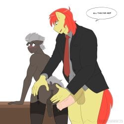animal_genitalia animal_penis anthro anus balls blush bodily_fluids bright_mac_(mlp) burnt_oak_(mlp) clothed clothing crossdressing desk dripping duo earth_pony equid equine equine_genitalia equine_penis friendship_is_magic furniture garter_straps genital_fluids genitals hasbro hi_res horse legwear male male/male mammal medial_ring multicolored_penis my_little_pony penis pony precum precum_drip shallowwin simple_background stockings suit table two_tone_penis white_background