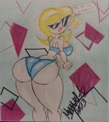 2023 ass bikini black_hair blue_bikini confused confusion english_text huge_ass huge_butt knick_knack looking_at_viewer looking_back pixar question_mark red_lipstick sunglasses sunny_miami thick_thighs traditional_media_(artwork)