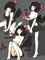 accessory areola black_body black_feathers black_hair blush bow_ribbon breasts butt_wings camisole camisole_only clothed clothed_masturbation clothing collarbone dildo english_text exposed_breasts feathered_wings feathers feet female fingers genitals hair hair_accessory hair_ribbon hairbow hi_res holding_dildo holding_object holding_sex_toy humanoid kneeling masturbation multiple_images nipples off_shoulder open_mouth orgasm original penetration pussy red_ribbon ribbons rose_(zako_sketch) sex_toy short_hair simple_background sitting solo standing text toes vaginal_masturbation vaginal_penetration vibrator winged_humanoid wings zako zako_sketch